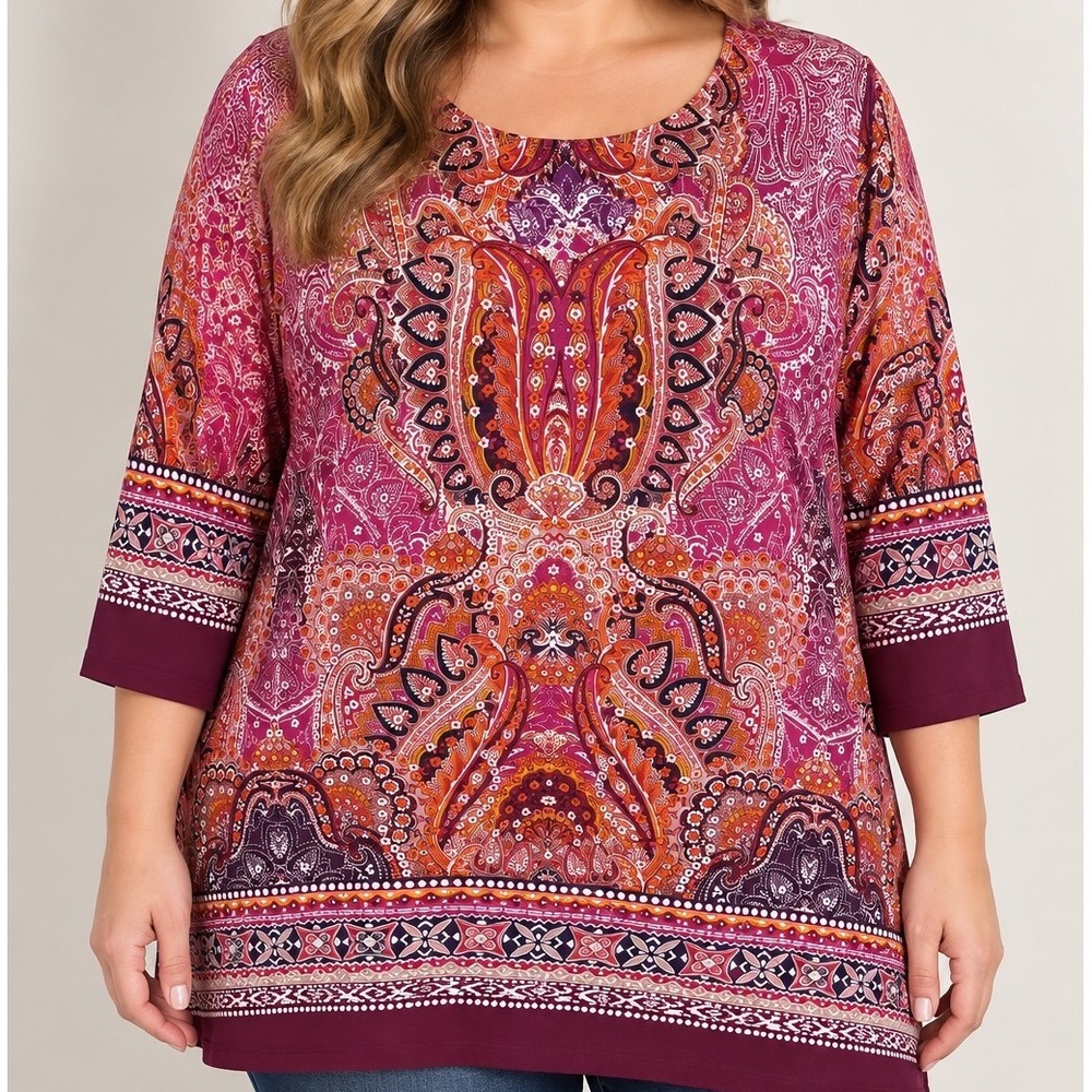 Cato 1X Paisley Tunic Top Pink Burgundy Orange Boho 3/4 Sleeve Plus Size